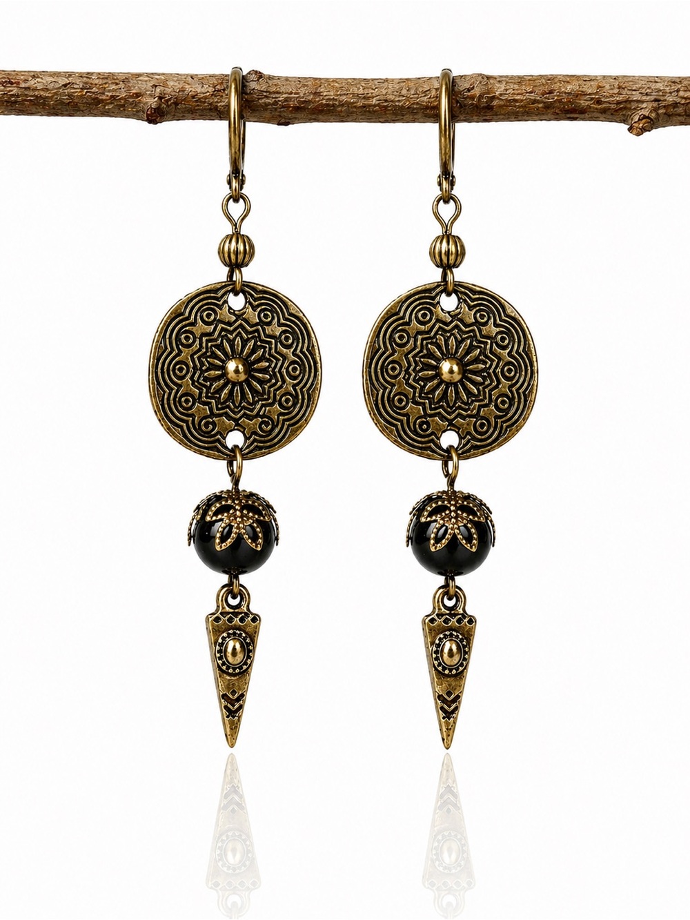 Boho Bronze Medallion Drop Earrings Black Bead Statement